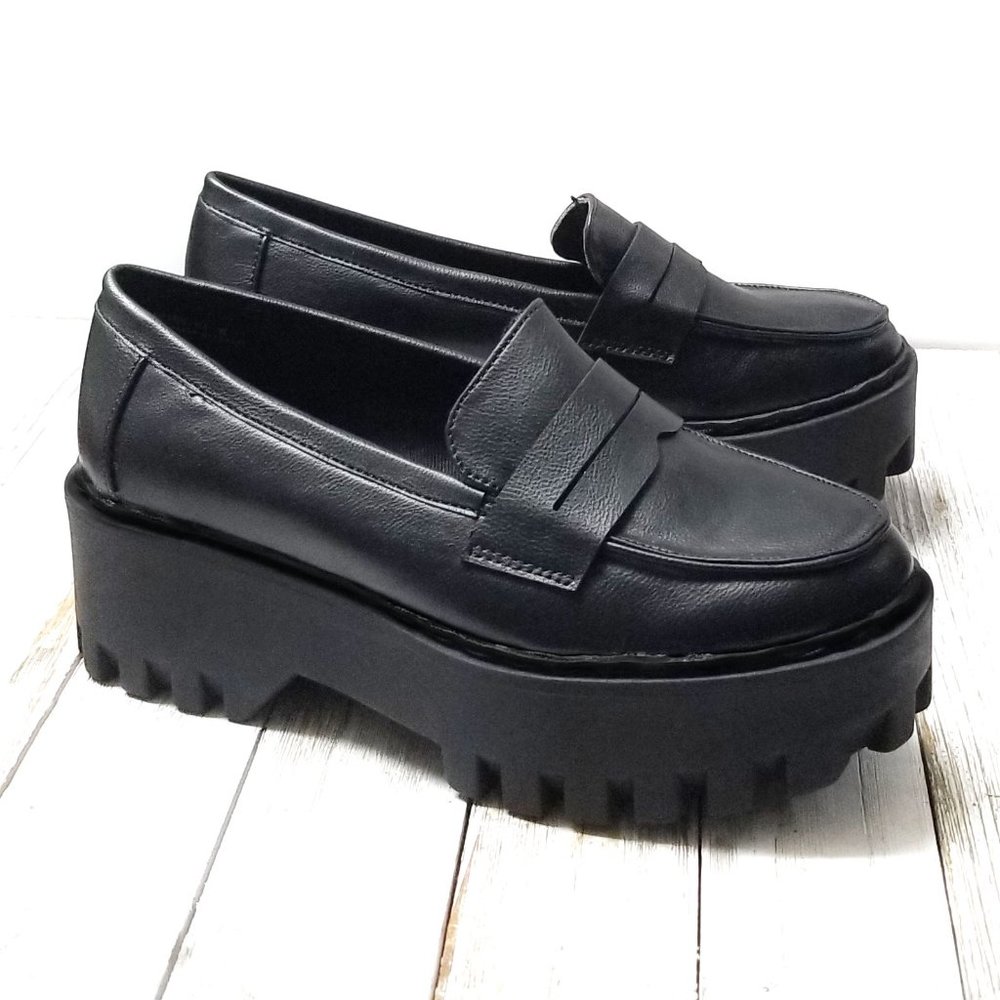New Black Platform Slip On Chunky Penny Loafers